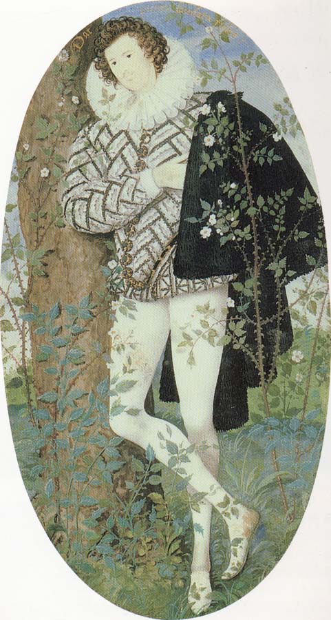 A Youth Leaning Against a Tree Among Roses